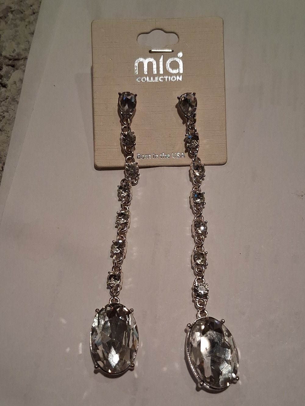 Mia COLLECTION Silver Long Crystal Drop Earrings - Clear Stones